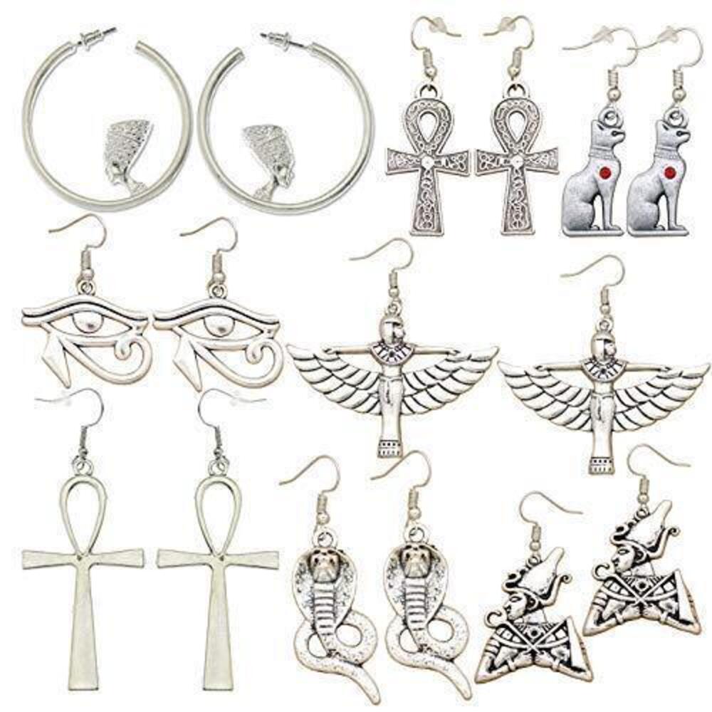 3638 Silver 8 Pairs Egyptian Ancient Costume Dangle Set Earrings Cross